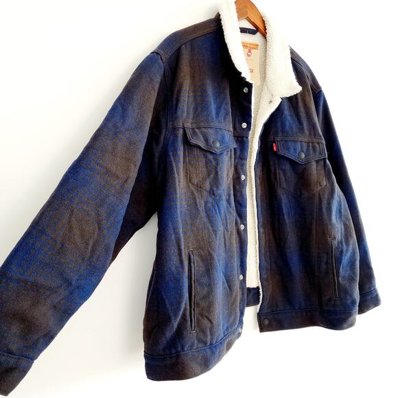 Levi's Brown & Blue Oversized Plaid Flannel Sherpa Lined Trucker Jacket Men's XL - Picture 3 of 7